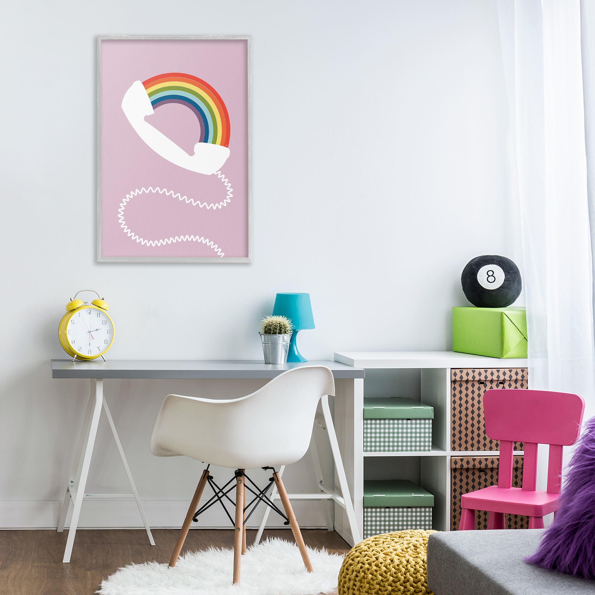 Stupell Industries Rainbow Phone on Pink Novelty Painting Gray Framed Art Print Wall Art, 20 x 30
