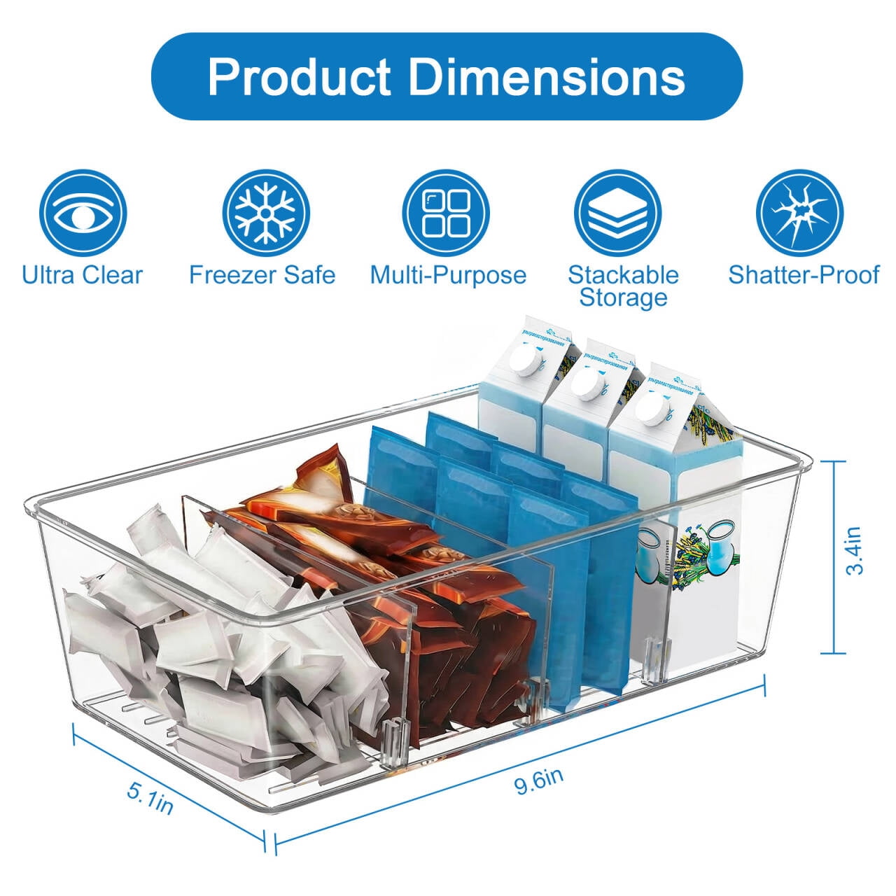 Homtell 4 Pack Clear Plastic 4-Compartment Food Storage Bins, Pantry Organizer for Snacks, Fruits, Vegetables, Tea Bags and Spice Packets