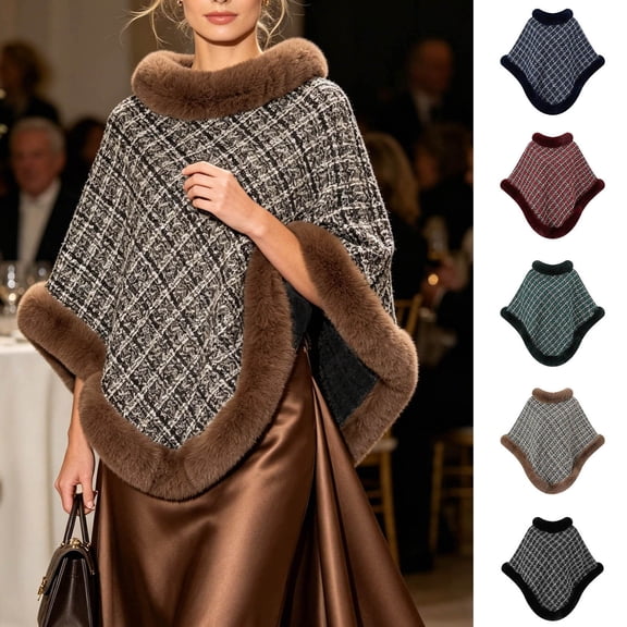 Fewfanhot Faux Fur Trim Tweed Poncho Cape Elegant Warm Pullover Wrap Shrug for Women Fall Winter