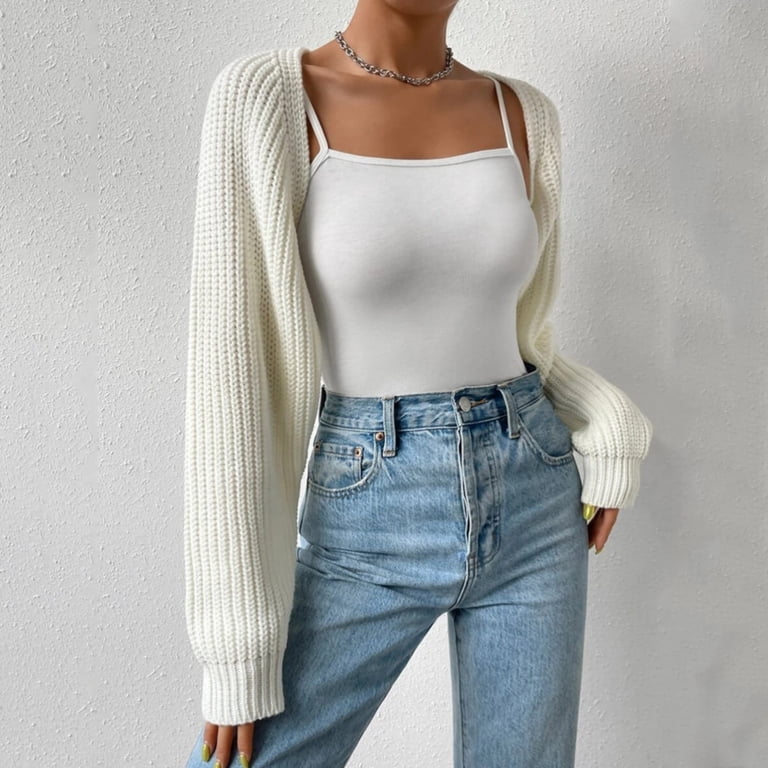 Women's Open Front Ribbed Knit Crop Bolero - Loose Fit Long Sleeve Cardigan Shrug For Summer & Spring
