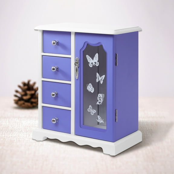 Double Door Built-in Mirror Purple Butterfly Jewelry Box with 4 Drawers Organizer