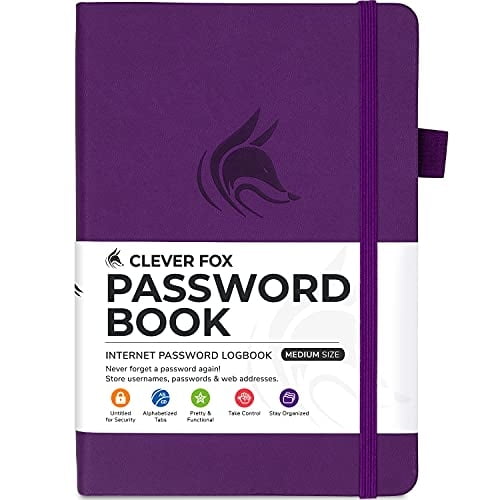 Libro contraseñas Clever Fox, pestañas. Organizador internet, pestañas alfabéticas. Cuaderno mediano, registro contraseñas y logins (morado)