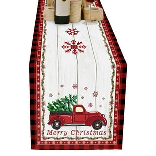 Red Plaid Wooden Texture Truck With Christmas Tree Snowflake Ugly Print For  Dining Room, Kitchen, Living Room, Party Table Decor