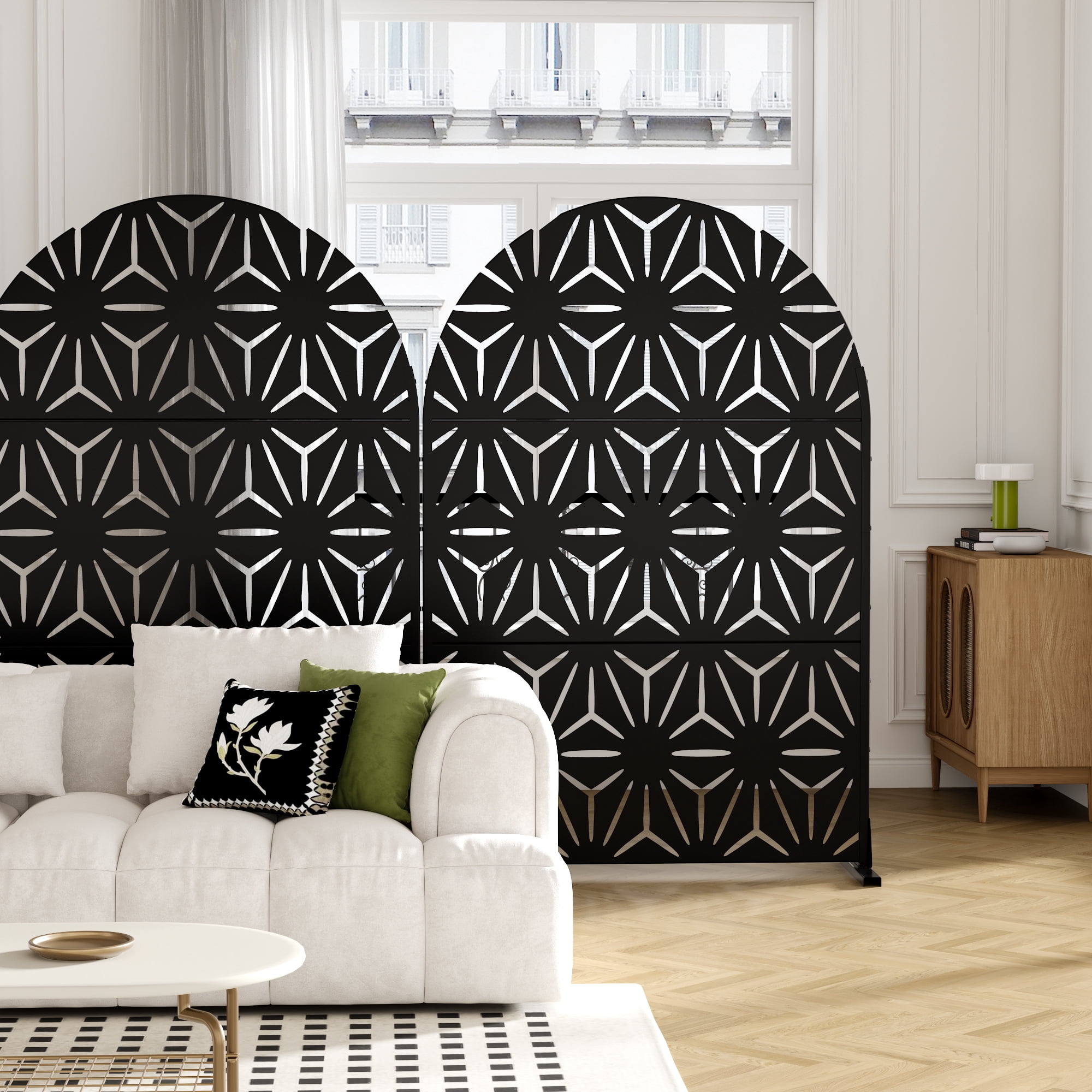 MAYEERTY 72*47" Outdoor Arched Metal Freestanding Privacy Panel Screen, Geometric Star Pattern, Black