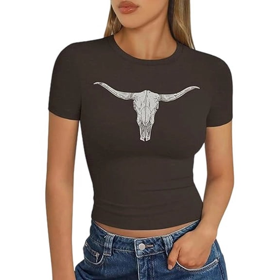 Trendfront Womens Western Cow Skull Graphic T Shirt Slim Fit Crewneck Short Sleeve Tee Cropped Country Cowgirl Rodeo Party Casual Tops