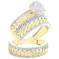 10K Yellow Gold Diamond Trio Set Cuban Link Bridal Matching Wedding Band 1 CT