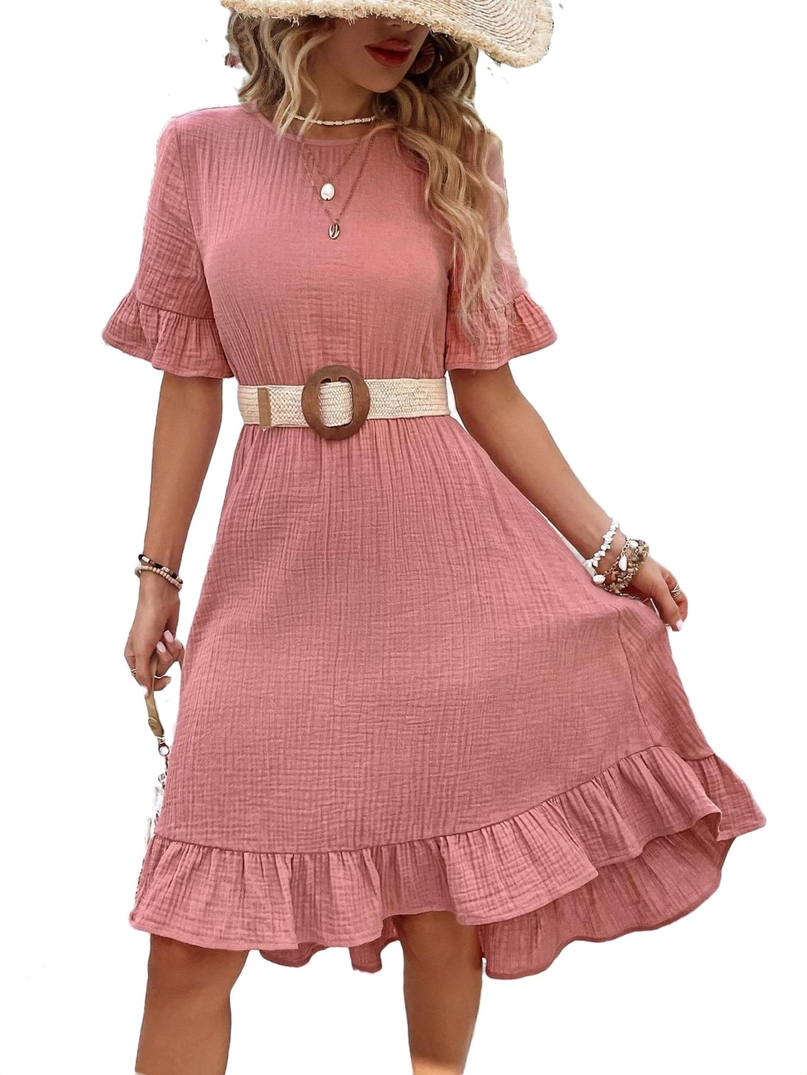 Casual Solid A Line Dress Round Neck Dusty Pink Women Dresses - Walmart.com