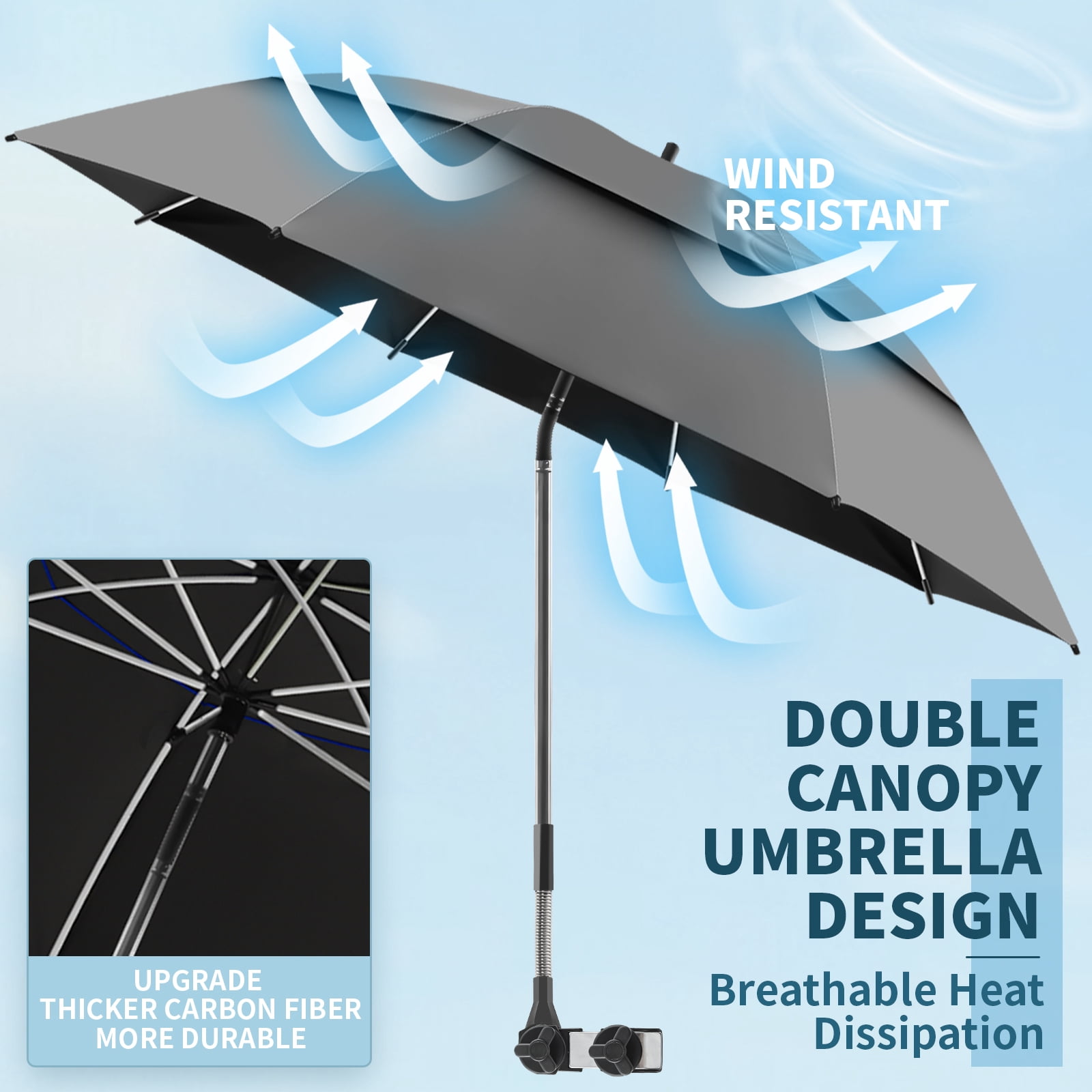 2 Pack 48.6" Double Canopy Umbrella with Clamp, UPF50+ Beach Chair Umbrella with clip, 360°Adjustable Portable Outdoor Wheelchair, Patio, Golf Carts,Camping(Grey, Not Include Chair)