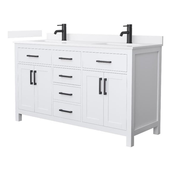 Beckett 60" White Double Vanity & White Quartz Top (1-Hole) & Black Trim