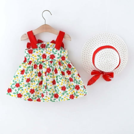 

dmqupv Big Girl Summer Clothes Baby 6M-3Y Floral Infant Printed Princess Dress Bowknot Set Sleeveless Sweater Pencil Dress Red 18-24 Months