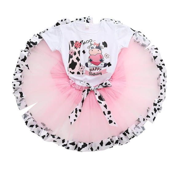 FINALGANG Girls Kids Crew Neck Short Sleeve Happy Birthday Cow Print T Shirt Cow Print Tulle Tutu Skirt Set For Birthday Party Daily Wear Soft Outfit