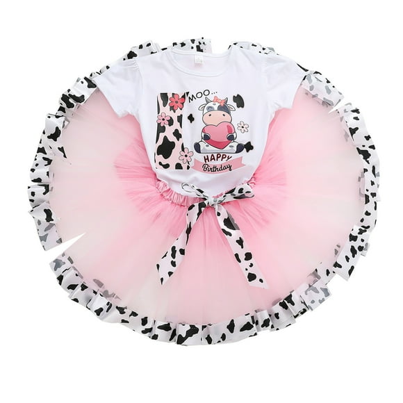 Baby Girl Outfit Cartoon Prints Tops Ballet Skirts Birthday Party Patchwork Dance Teen Girl Clothes Pink 6-8 Years