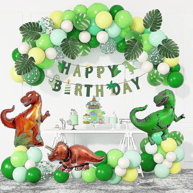Suministros de decoración para fiesta de cumpleaños de dinosaurio, kit de guirnalda de arco de globos de dinosaurio, globos de dinosaurio de aluminio de 40 ", pancartas de feliz cu