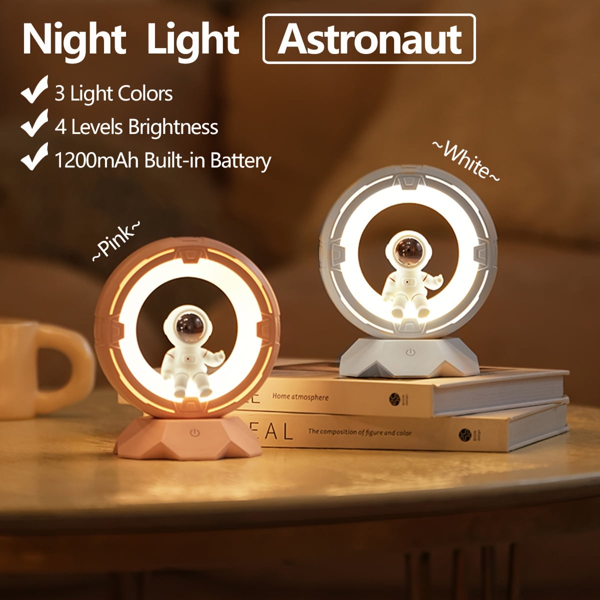BRAVRAIN Astronaut Night Light - Adjustable Brightness, 3 Color Options, 1200mAh Rechargeable Battery, Touch/Clap Control, Space-Themed Desk Decor, Ideal for Bedroom & Birthday Gifts,