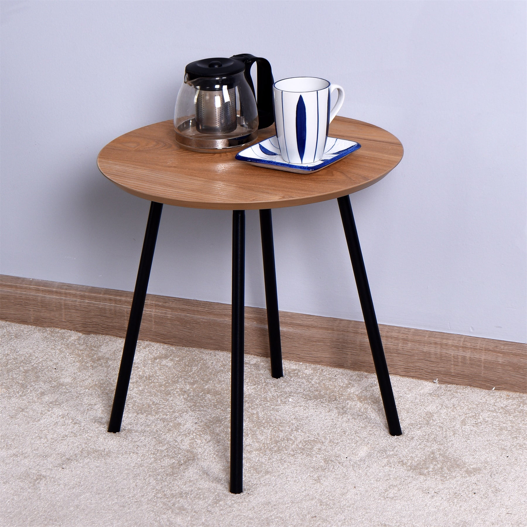 Solid Wood End Table, Wooden Side Table with Metal Legs for Living Room