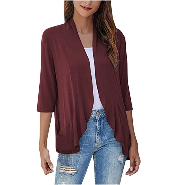Besolor Cardigan Léger d'Été 2024 pour Femmes Manches 3/4 Ouvert devant Blouses Décontractées Douces pour Dames Rouge