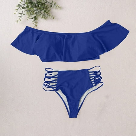 Ovticza Women s Two Piece Swimsuit Off Shoulder Ruffle Bandeau Bikini Swimsuit Top and High Cut Bathing Suit Bottoms Blue 5XL