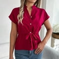 thumbnail image 2 of Women's Casual Solid Color Drawstring Short Sleeve Shirt Blouse Top Loose Relaxed Fit Breathable Summer Fashion | CSEONE,Red XL, 2 of 9