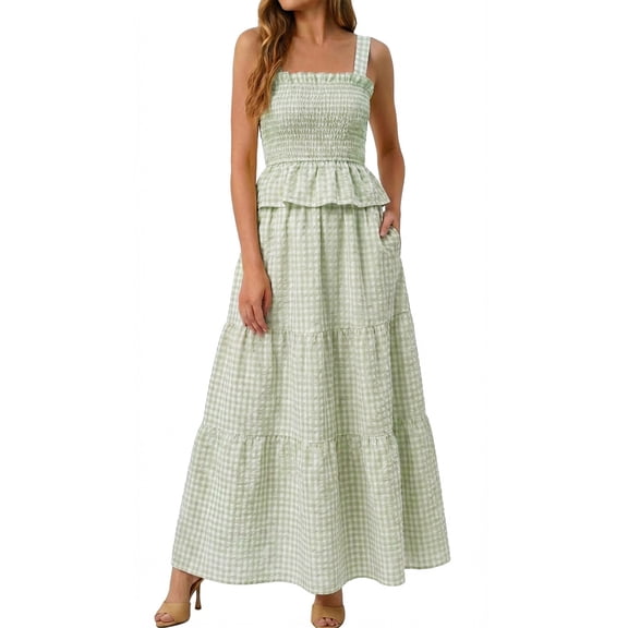 Womens 2 Piece Skirt Sets Summer Spuare Neck Plaid Tank Tops Maxi Skirt Casual Travel Vacation Sets with Pocket L
