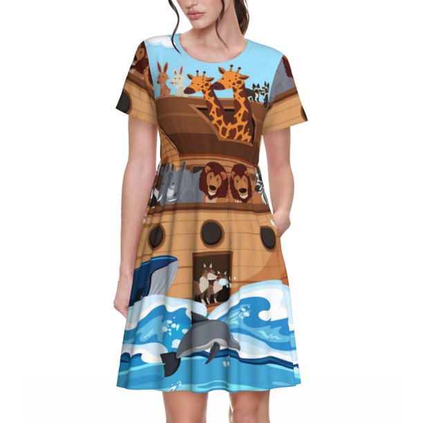 Disketp Animals on Noah's Ark para Vestido de Manga Corta para Mujeres, Vestidos de Verano para Mujeres, Casual y Holgado para la Playa