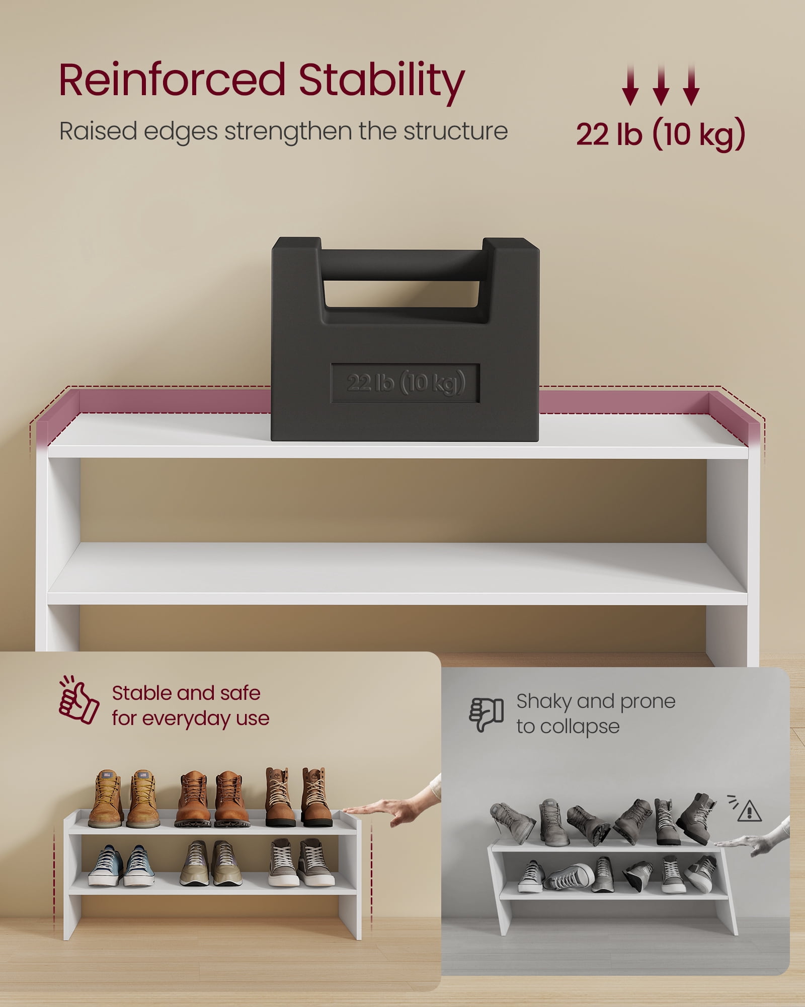 VASAGLE Shoe Rack for Closet, Stackable Shoe Organizer Shelf for Entryway, 2 Tiers, 11.7 x 32.3 x 14.2 Inches, White