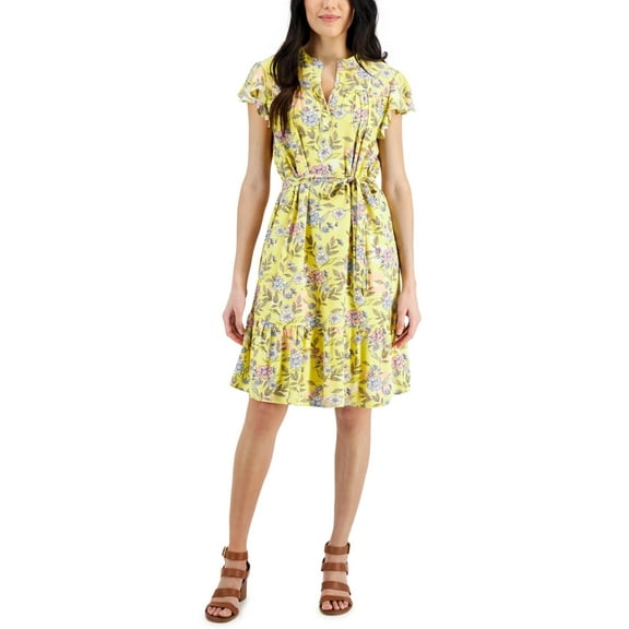 Style & Co SUNBEAM YELLOW Women's Belted Flutter-Sleeve Ruffled Dress, US Medium
