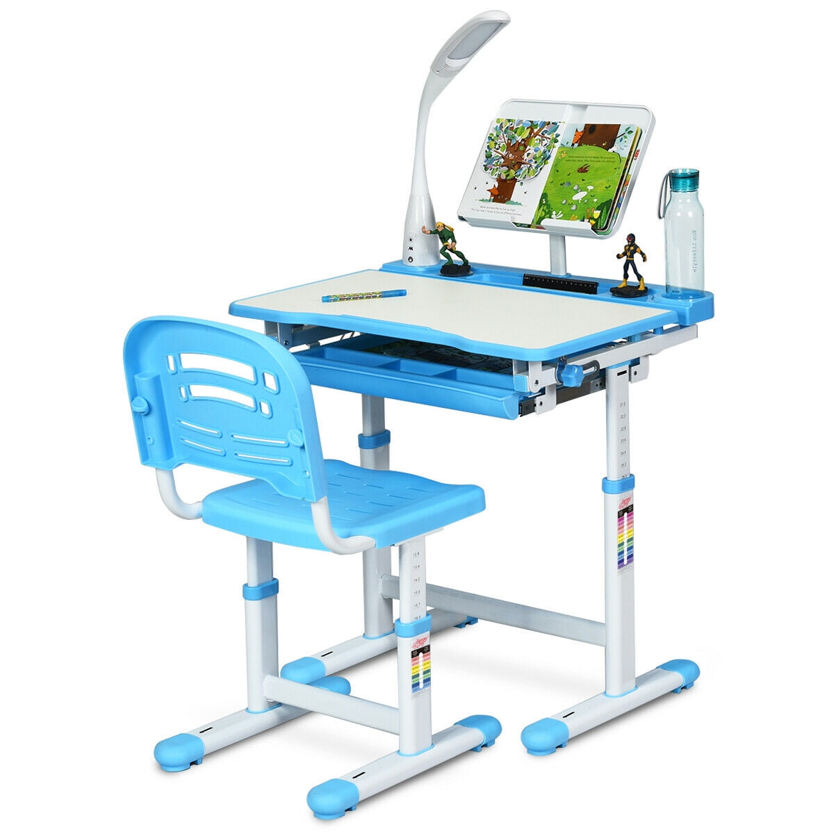 Gymax Height Adjule Kids Desk Chair Set Study Drawing W Lamp Bookstand Blue