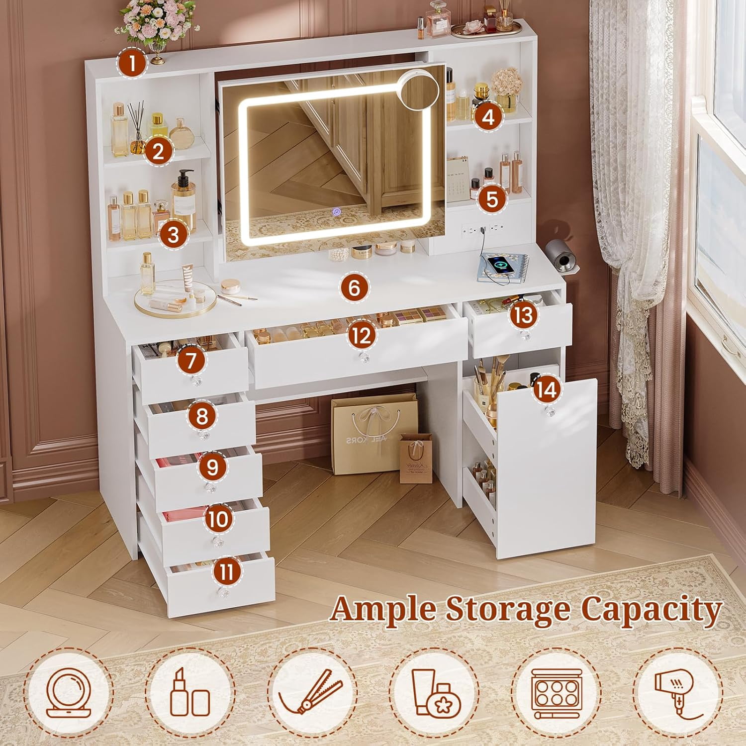 47.2“ Large Vanity Desk with Mirror and Lights,Power Outlet,7 Drawers,Pull-Out LED Mirror with 3 Light Modes,Brightness Adjustable,Rolling Makeup cart,Crystal Handles, hairdryer Rack,White