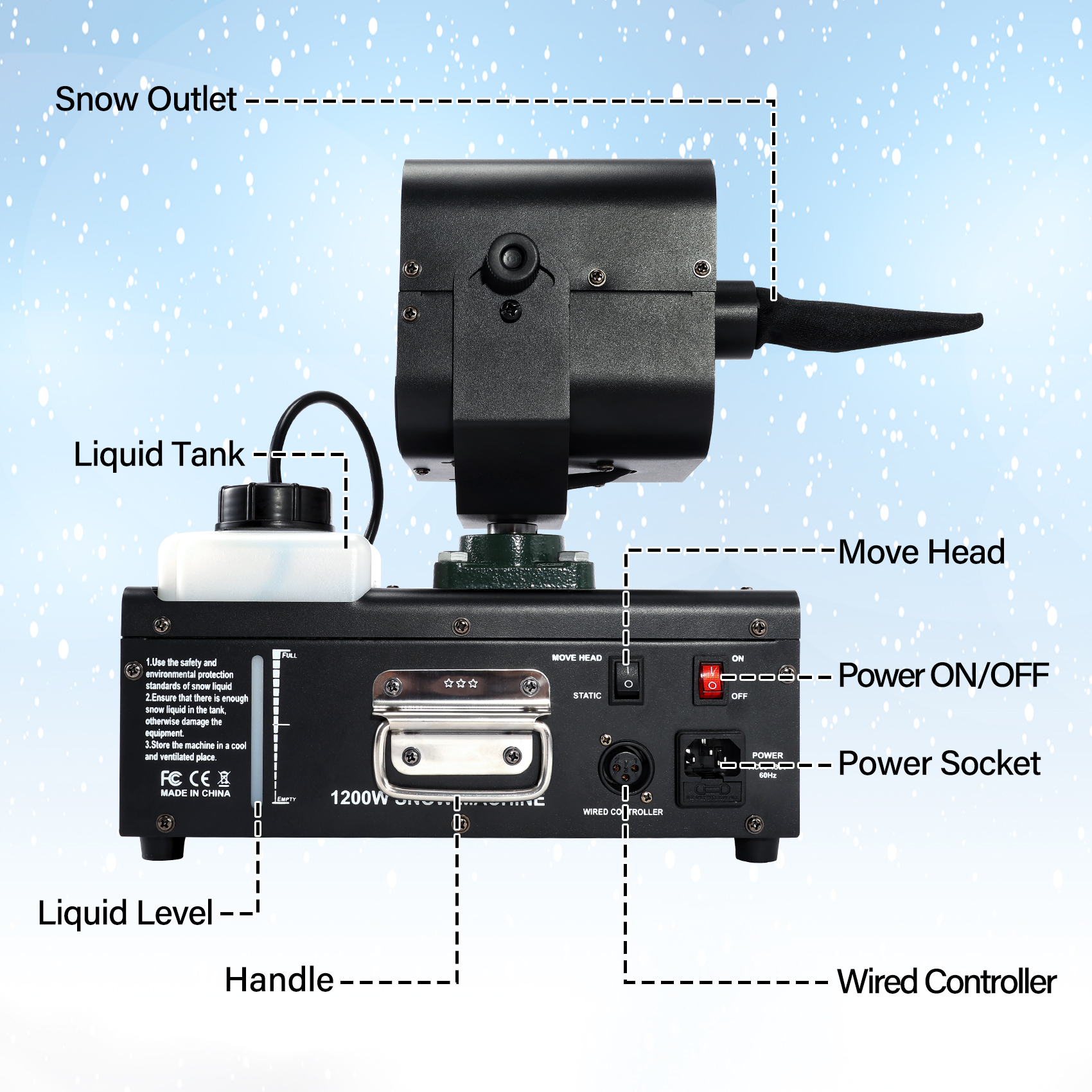 TCFUNDY 1200W Oscillating Snow Machine w/ Remote and Wired Control, Ideal for Christmas Parties and Events