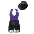 thumbnail image 2 of YEAHDOR Kids Girls Shiny Sequins Tassels Dance Leotard with Hat Jazz Hip Hop Dance Competition Costume Purple&Black 16, 2 of 5