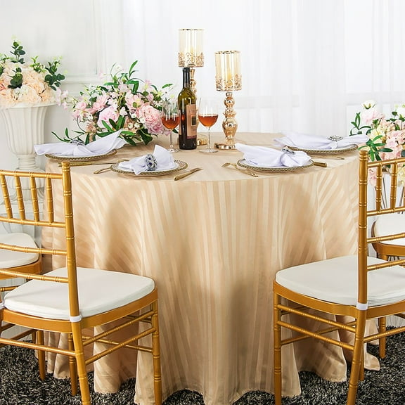 Wedding Linens Inc. 108" Striped Round Jacquard Polyester Tablecloths - Champagne