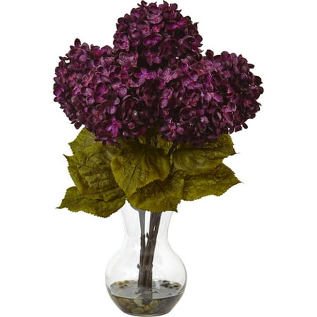 Nearly Natural Hydrangea with Vase Silk Flower Arrangement Add some nature-inspired charm to your space with this Nearly Natural Hydrangea with Vase Silk Flower Arrangement. Made using completely synthetic materials  it offers a low maintenance  highly realistic alternative to fresh flowers. This Nearly Natural hydrangea plant can be placed on any table  counter or any other surface as a low maintenance decoration.