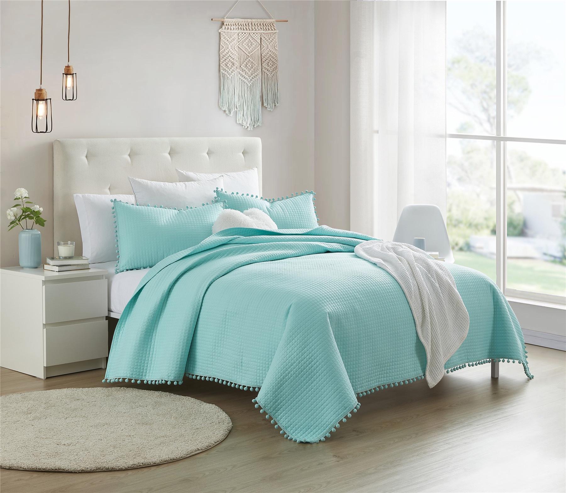 DBOZE Boho Pom Pom Ball Fringe Full Quilt Sets, 3 Pieces Blue Lightweight Down Alternative Bedding Quilt Sets for all seasons