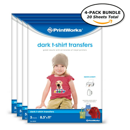 Printworks Dark T-Shirt Transfers for Inkjet Printers, For Use on Dark and Light/White Fabrics, Photo Quality Prints, 20 Sheets,(4-pack Bundle) 8 ?? x 11? (Best Inkjet Transfer Paper For T Shirts)