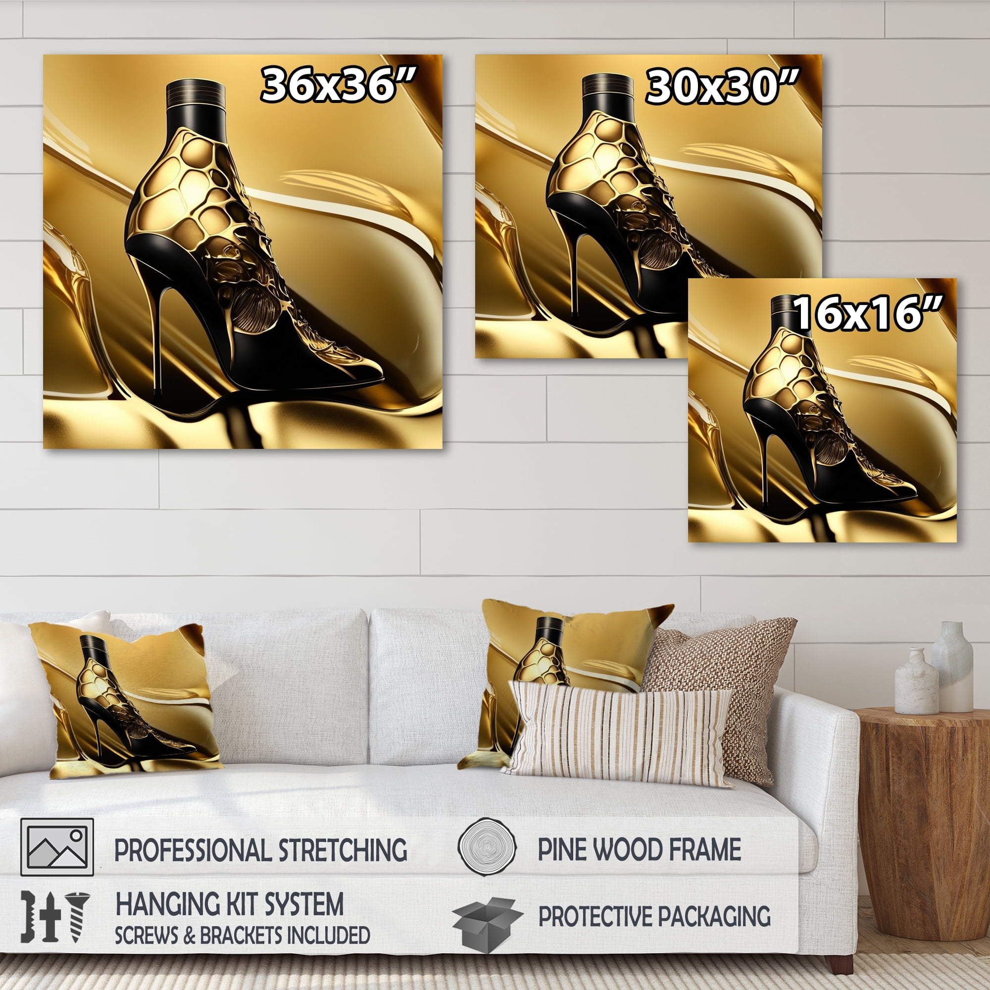 Designart Gold Champagne Heel V Canvas Wall Art