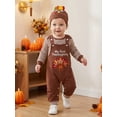 thumbnail image 4 of Loicainy Infant Baby Boy Thanksgiving Outfit 3 6 9 12 18 Months Striped Crew Neck Long Sleeve Romper Turkey Print Overalls and Hat 3 Pcs Clothes Set, 4 of 9