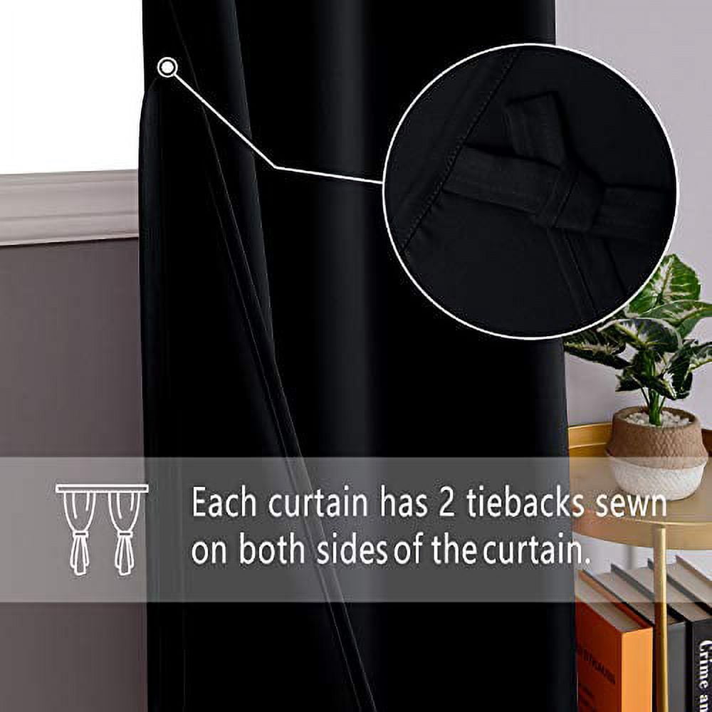 DWCN Black Blackout Curtains for Bedroom Sewn with Tiebacks - Thermal Insulated Light Blocking Grommet Window Curtains for Living Room, 42 x 63 inch Length, Set of 2 Drape Panels