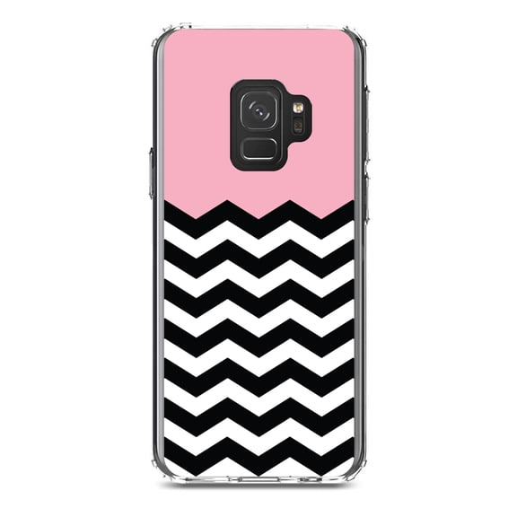 DistinctInk Clear Shockproof Hybrid Case for Samsung Galaxy S9 (5.8" Screen) - TPU Bumper, Acrylic Back, Tempered Glass Screen Protector - Black White Pink Chevron - Black & White Stripes Pattern