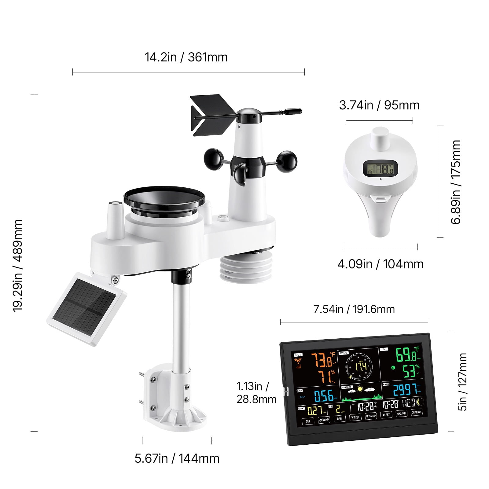 KFFKFF 7-in-1 Wi-Fi Weather Station with App, 7.5-Inch Display, Solar-Powered Outdoor Sensor, Includes Pool Thermometer, Rain Gauge, Indoor and Outdoor Monitoring for Weather Updates, Wind Speed