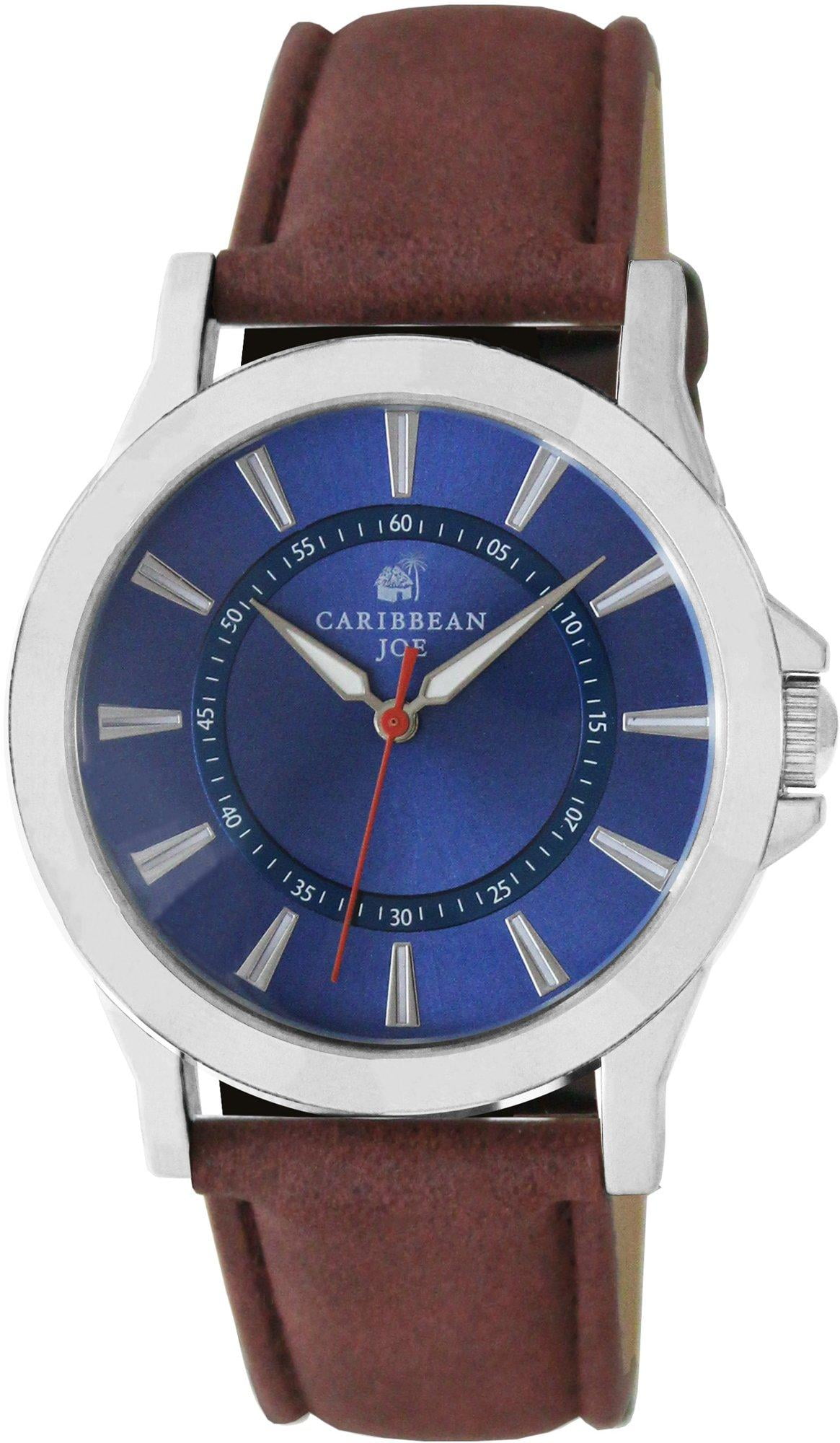 Caribbean Joe 41mm Silver Tone Blue Dial Mens Smooth Brown Strap Watch