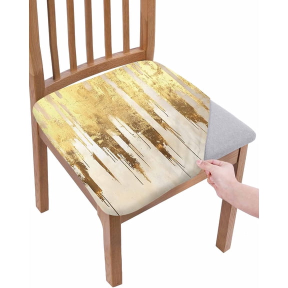 Abstract Gold Chair Seat Covers for Dining Room Stretch Chair Seat Covers Set of 4, Modern Luxury Strokes Artwork Chair Seat Protector Cushion Slipcovers for Kitchen Restaurant Office