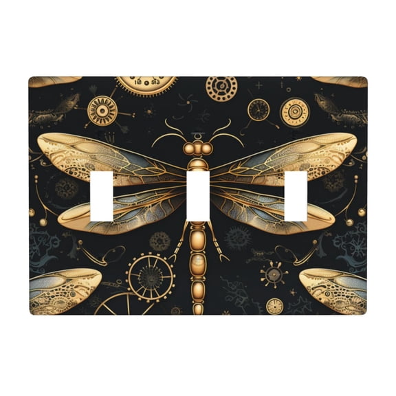 Gold Steampunk Dragonfly Black Golden 3 Gang Light Switch Cover Decorative Triple Toggle Wall Plate for Kitchen Bedroom Bathroom Living Room Decor