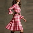 thumbnail image 4 of VEKDONE Women's Plaid Midi Dress Bell Sleeve Crewneck Knee Length Dress Casual Loose Fit Vintage Cowgirl Style Dress Fashion Clothes Pink XXL, 4 of 7
