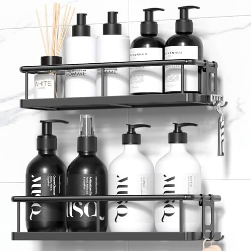 Shower Caddy Adhesive, Rustproof Shower Shelves for Inside Shower, Large Capacity Bathroom Organizers and Storage, Shower Storage with Removable Hooks, No Drill Bathroom Accessories Black
