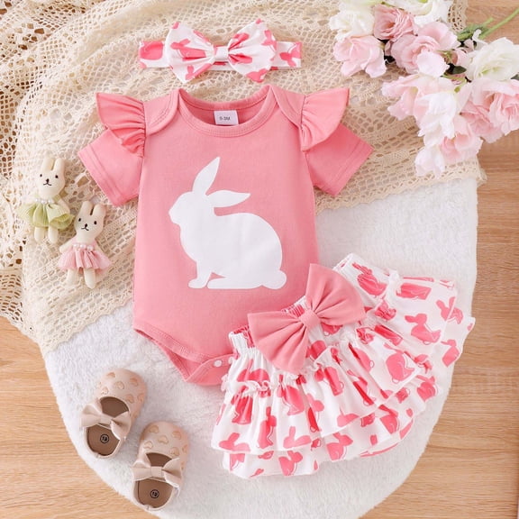 SONGGE Toddler Outfit Sets Easter Bunny Pnk Short Sleeve Bodysuit & Bow Skirt With Headband 3 Piece Set For Girls Cartoon Trendy Clothes Sets