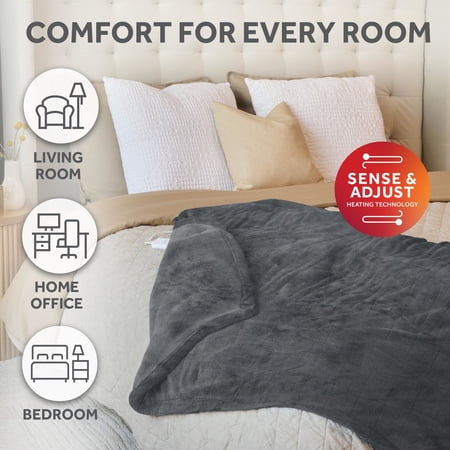 SUNBEAM ELECTRIC HEATED THROW BLANKET GRAY FLEECE 4 HEAT SETTINGS, 50X60
