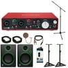 Focusrite Scarlett 2i4 USB Audio Interface (2nd Gen) + Mackie CR Series CR3 Multimedia Monitors (Pair) + 2x Deco Mount PA Speaker Stand + 2x Monoprice XLR 10' Male to Female Cable + More