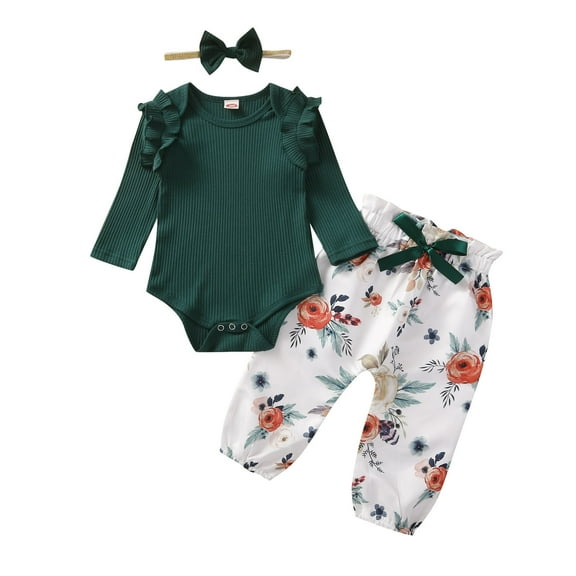 EnJoCho Baby Summer Jumpsuit Baby Girls Long Sleeve Ribbed Romper Tops Flower Print Pants with Headbands Outfit Set Clothes 3PCS Toddler Girl Boy Trendy Bodysuit Outfits