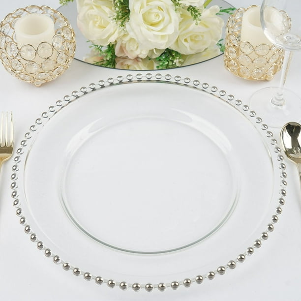 BalsaCircle 8 pcs 12Inch Clear Glass Charger Plates with Beaded Rim