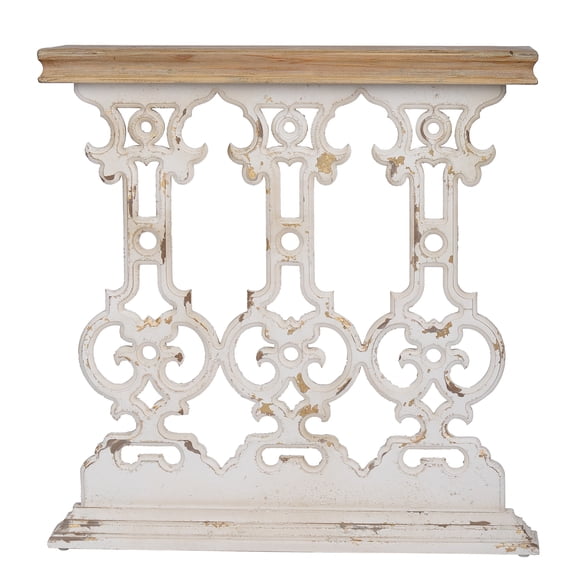 JERFIT Antique White Console Table with Brown Wood Top, Vintage Sofa Table for Hallway & Living Room, Farmhouse Entryway Table with Scrollwork Base